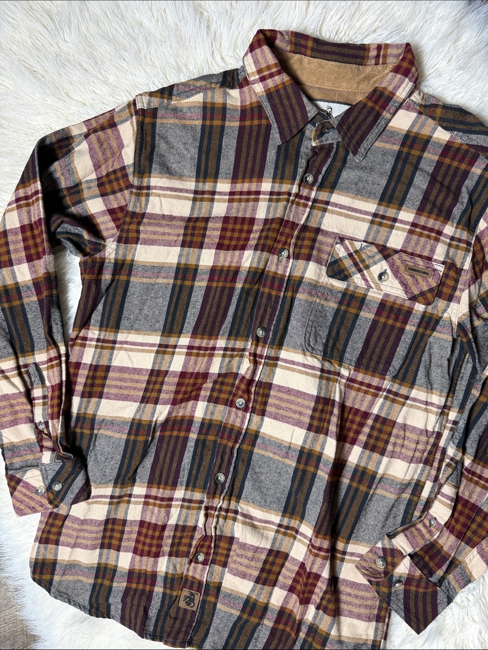 Legendary Whitetails Men's Plaid Button-Up Shirt in Burgundy, Gray & Cream